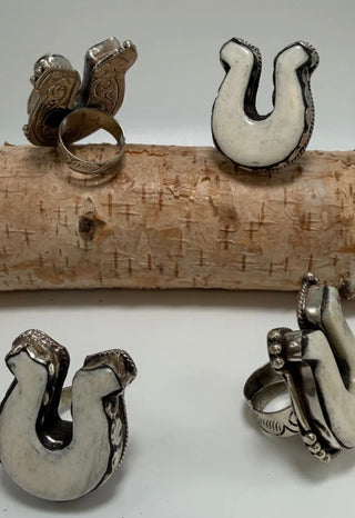 Western Tibetan Silver Horseshoe Ring with Carved Bone | Adjustable Artisan Statement Ring
