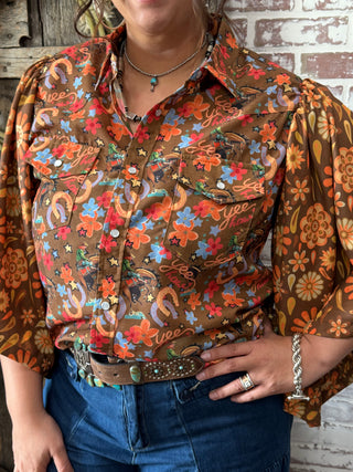 Retro Floral Western Pearl Snap Blouse with Cowgirl Flair – Bold Vintage