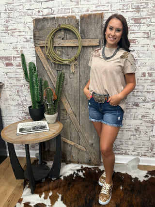 The Lone Cowgirl Western Embroidered Yoke High Low T Shirt-Taupe