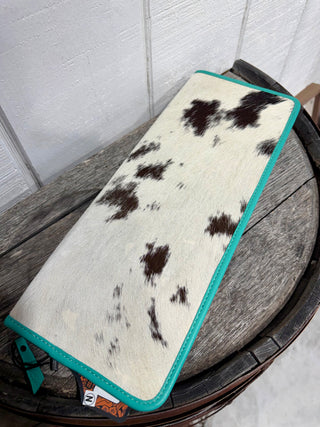 Cowhide Jewelry Organizer Notebook Case with Turquoise Trim – Travel Necklace Holder