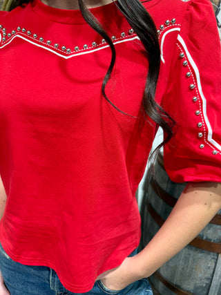 Red Studded Western Puff Sleeve Top