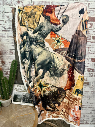 Western Cowboy Collage Printed Sherpa Blanket