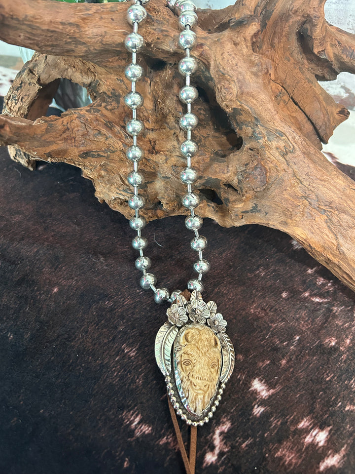 Carved Buffalo Pendant Necklace