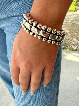 Silver Beaded Stretch Bracelet Bangle | Western Stackable Statement Bracelet