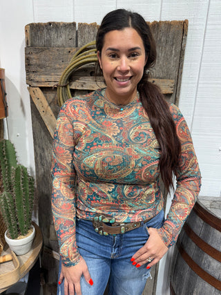 Southwestern Paisley Long Sleeve Mesh Top | Barbwire n Bougie Boutique