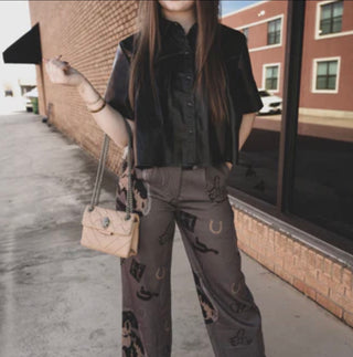 2 Fly Trail Trousers – Western Print Statement Trouser Pants with Horse & Roping Design