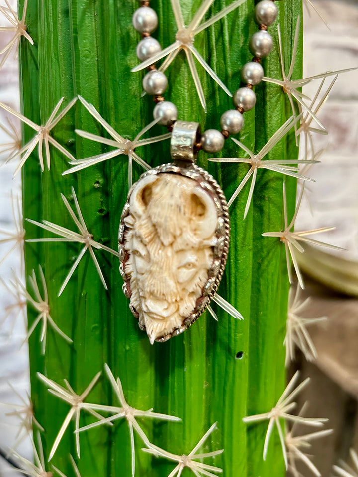 Carved Bone Tibetan Buffalo Necklace