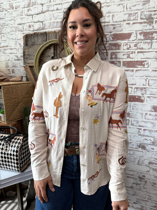 Cowgirl Western Embroidered Button Down Shirt – Horses, Cactus & Rodeo Print