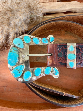 Genuine Turquoise Artisan Custom Statement Buckle & Keeper Set