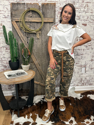 The Lone Cowgirl Embroidered Yoke High Low T Shirt-White