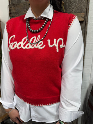 Bright Red “Saddle Up” Sweater Vest | Western Graphic Knit Vest