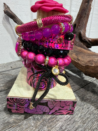 Hot Pink Western Bracelet Stack with Rhinestones, Crystal Beads & Statement Charm