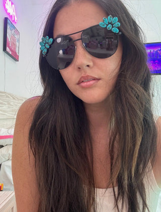 Western Turquoise Flower Aviator Sunglasses for Women | Cowgirl Sunnies | Black Frames On person 