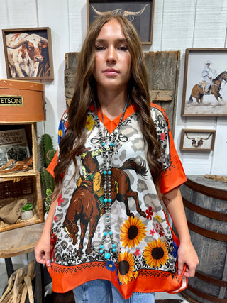 Western Sunflower Rodeo Poncho Top – Oversized Cowgirl Tunic Blouse for Women-One Size