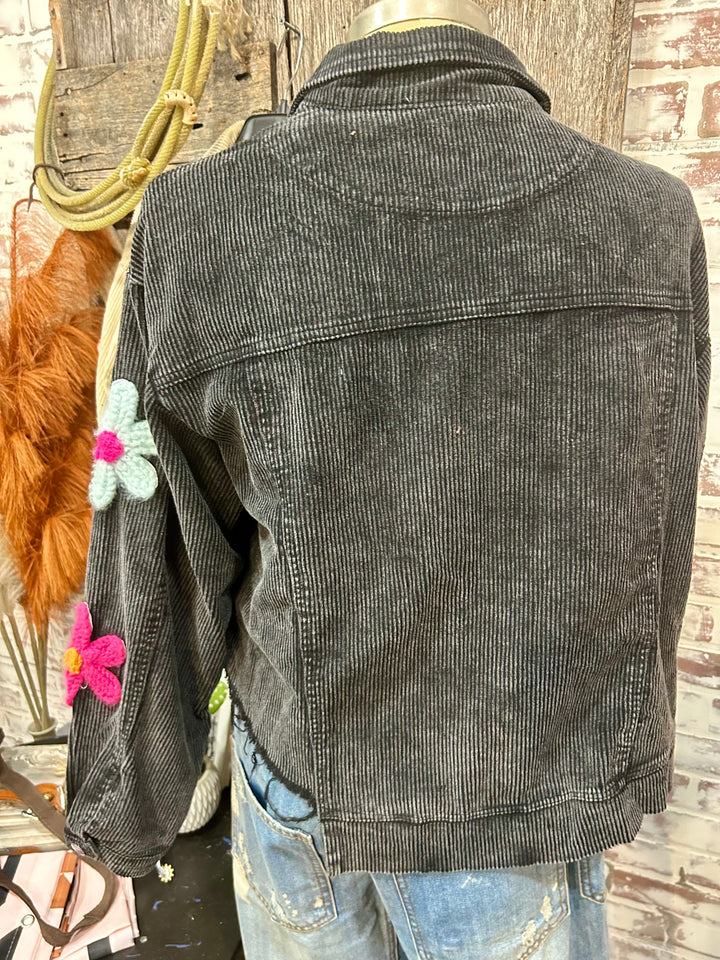 Distressed Corduroy Jacket with Multi Colored Flower Crochet Patches- Two Colors