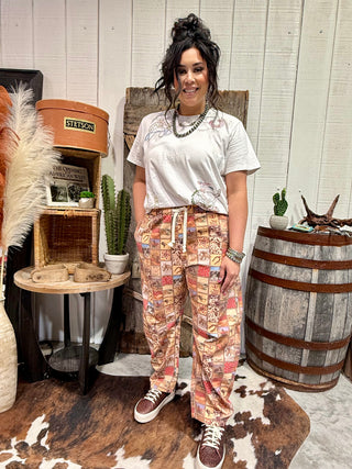 Western Square Patchwork Barrel Pants – Elastic Waist Cowgirl Lounge Pants