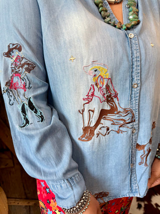 Embroidered Cowgirl & Rodeo Denim Button Down Shirt – Western Rodeo Style