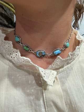Mixed Turquoise & Sterling Silver Choker Necklace | Genuine Turquoise Station Necklace