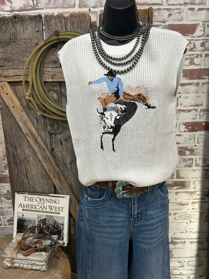 Let’s Go To The Buck Out Sweater Vest-White