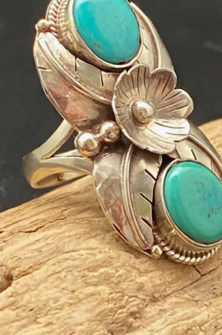 Nepal Turquoise Floral Statement Ring – German Silver Adjustable