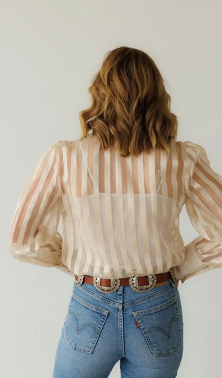 Back of Howdy Hanny Sheer Stripe Bow Blouse for Women | Western Tie Neck Cream Top- Old Money Vibes 
