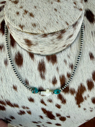 16” Sterling Silver Pearls, Turquoise & Mother of Pearl Cross Necklace