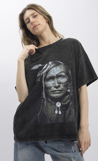 Vintage Western Warrior Graphic Tee for Women | Mineral Washed Black Relaxed T-Shirt
