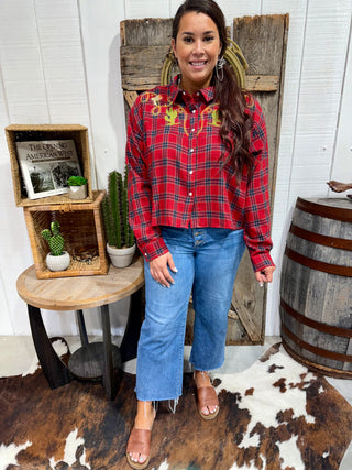 Rodeo Trails Embroidered Cropped Flannel Plaid Shirt – Red Western Button-Up with Cactus & Boot Design