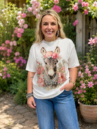 Floral Donkey Graphic Tee with Rhinestone Necklace Detail | Western Boutique T-Shirt