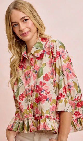 Spring Meadow Floral Ruffle Hem Peplum Top for Women | Quarter Sleeve Button Front Blouse
