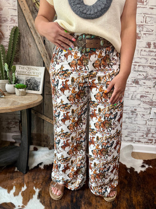 Western Cowboy Horse Buckaroo Print Wide Leg Pants – Cowgirl Rodeo Trousers