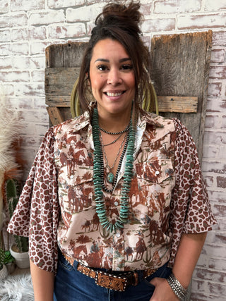 Western Rodeo Print & Leopard Bell Sleeve Cowgirl Pearl Snap Top