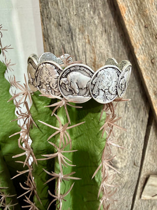 Buffalo Nickel & Turquoise Stretch Bracelet | Western Statement Silver Bracelet