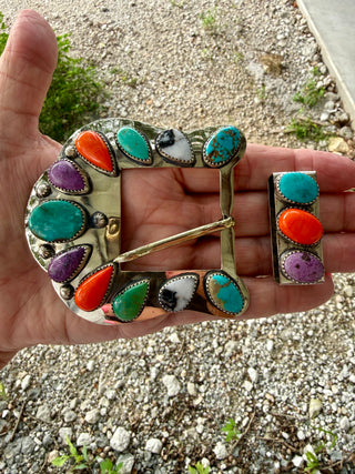 Custom Multi-Stone Western Belt Buckle Set | Sterling Silver Bezels on Surgical Steel Base