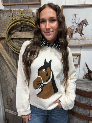 Saddle Sweetheart Horse Knit Blanket Stitch Western Sweater