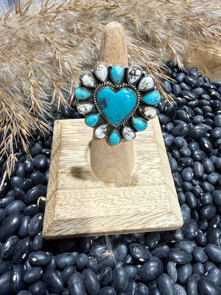 Sterling Silver Kingman Turquoise & White Buffalo Heart Cluster Ring – Adjustable Western Statement Ring
