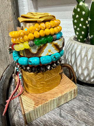 Side of Sandra Ling Western Bracelet Stack Set of 8 – Turquoise, Yellow & Multi Stone Layered Cowgirl Jewelry, Leather Cuff & Charm Stack