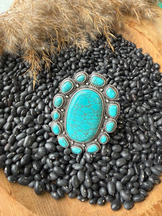 Statement Turquoise Squash Blossom Cuff Bracelet | Western Silver Navajo Style Jewelry