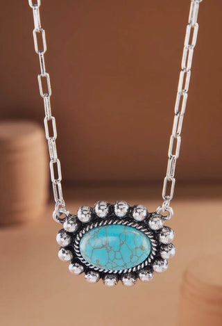 Turquoise Concho Pendant Necklace | Western Silver Chain Statement Necklace