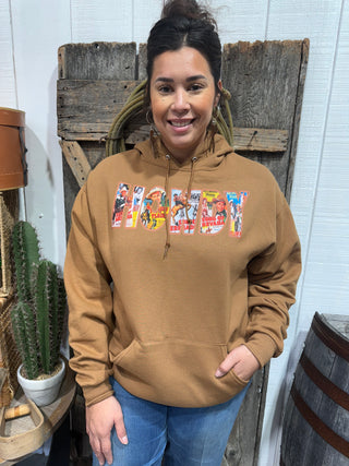 Howdy Retro Western Movie Poster Hoodie – Cowgirl Graphic Rodeo Hoodie (Camel)