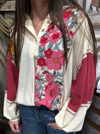 Free Spirit Floral Waffle Knit Patchwork Relaxed Hoodie
