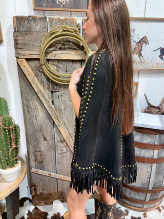 Faux Suede Studded Fringe Cape