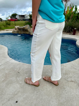 Side view Howdy Cowgirl Embroidered Western Pants | White Cropped Cowgirl Jeans