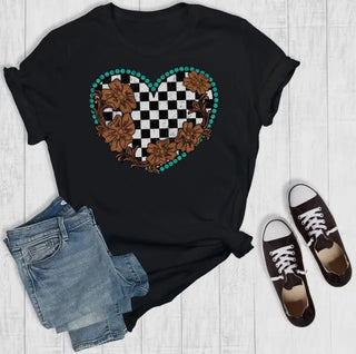 Western Tool Black White Check Heart T Shirt
