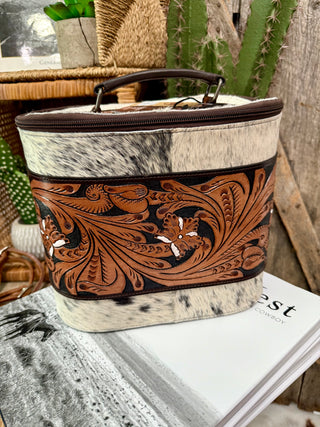 Cowhide & Tooled Leather Makeup and Jewelry Box Combo – Large Travel Case