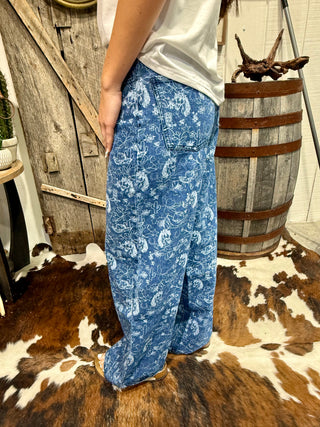 Horse Abstract Print Wide Leg Jeans | Mid Rise Western Statement Denim Side view 