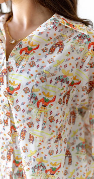 Rodeo Romance Roping Cowboy Western Print Button Down Top