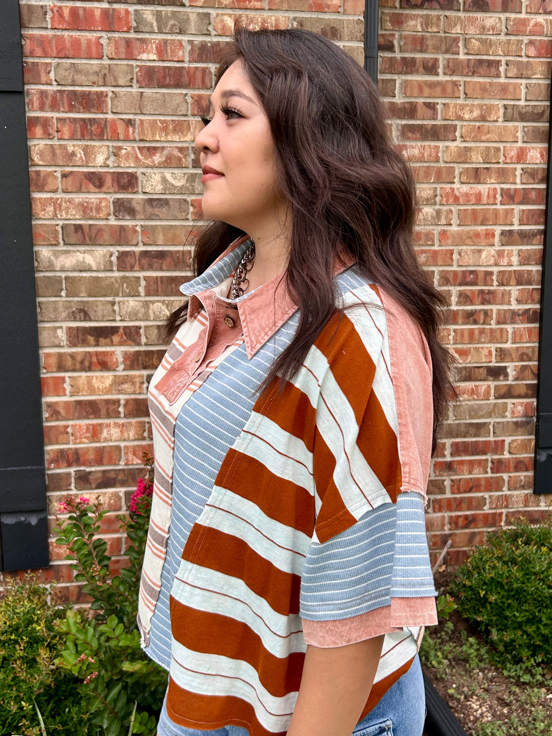 OLI & HALI WASHED STRIPE MIX SHORT SLEEVE POLO TOP