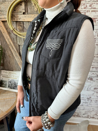 Black Faux Suede Boot Stitch Puffer Vest