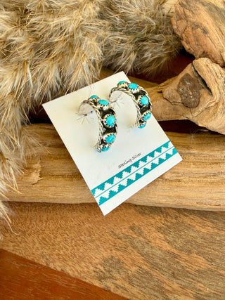 Sterling Silver Turquoise Row Hoop Earrings- Native American